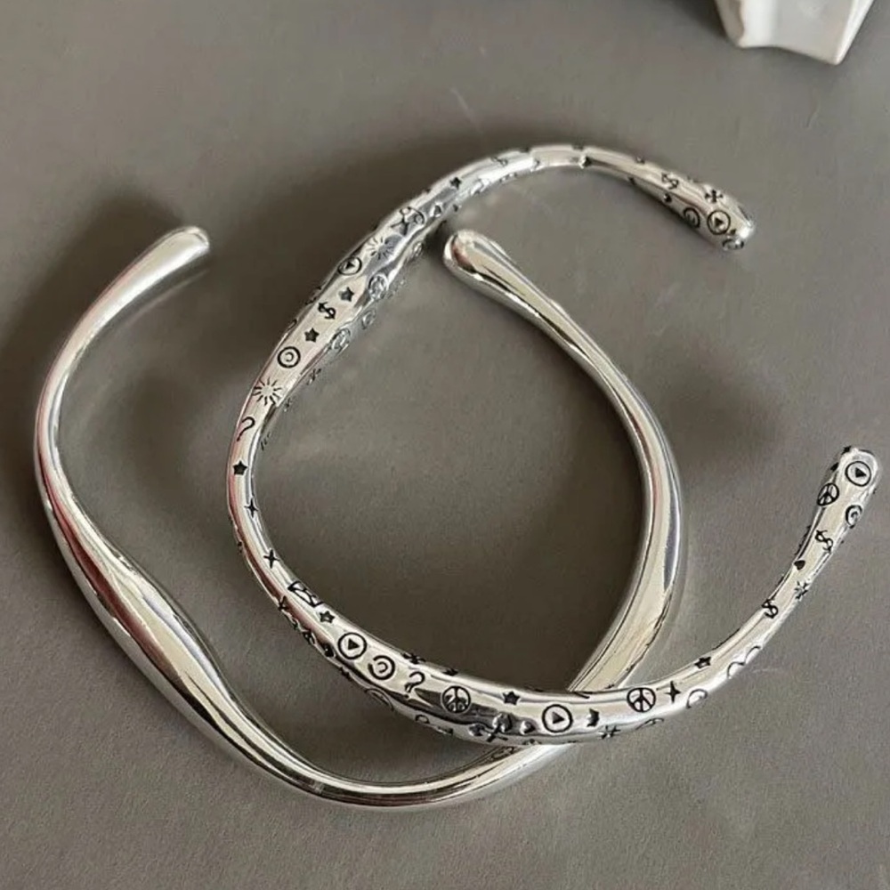 Irregular Graffiti Sterling Silver Bangle Cuff Bracelet Set Two Pieces